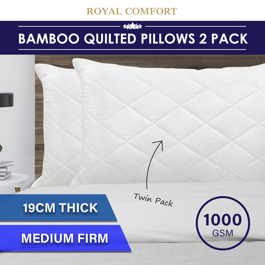Royal Comfort Luxury Bamboo Blend Quilted Pillow Twin Pack Extra Fill Support